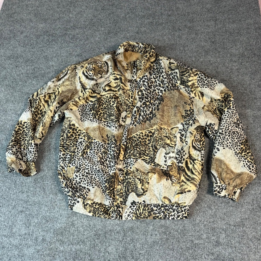 VTG Fuda International Bomber Jacket‎ Unisex Medium Tan Silk Animal Print EUC
